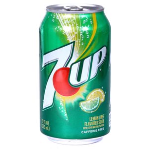 A green 7UP can features lemon-lime graphics, showing bubbles and citrus slices, labeled 