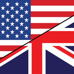 Flags intersect; top left American flag displays stars and stripes, bottom right British flag features crosses and stripes, divided by a diagonal line.