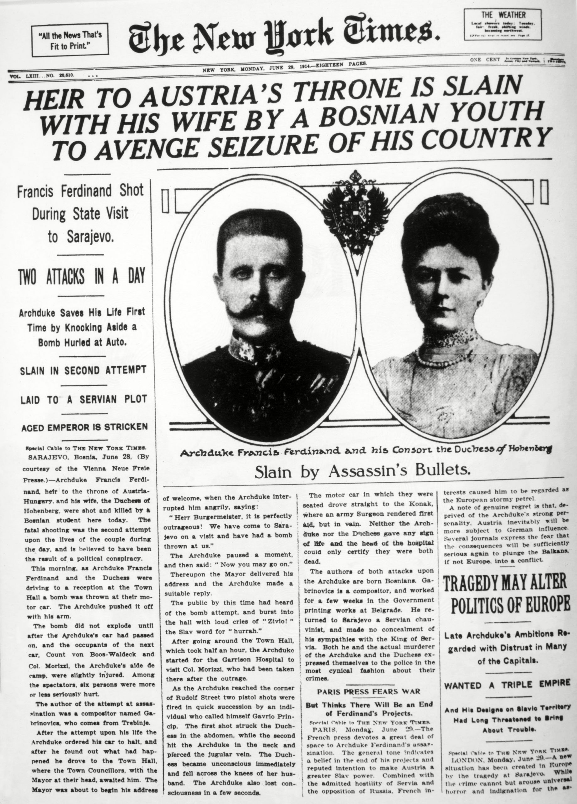 Newspaper headlines report Archdukeâ€™s assassination, featuring photos of Franz Ferdinand and wife. Articles recount events and speculate political consequences in early 20th-century Europe.