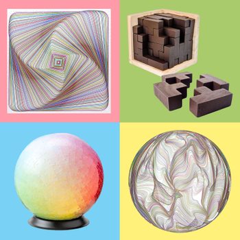 Four objects displayed: a swirling line pattern, a wooden puzzle cube disassembled, a gradient-colored spherical puzzle, and a sphere with wavy lines.