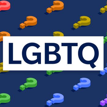 The word "LGBTQ" appears over colorful, scattered 3D question marks on a dark blue background.