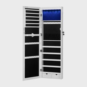 A white wall-mounted jewelry cabinet opens, displaying shelves, hooks, and drawers, illuminated by blue LED lights in a minimalist setting.