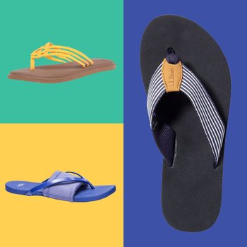 Three flip-flops are placed on colorful background squares: yellow-strapped on green, blue on yellow, and striped black displaying a partial L.L.Bean logo.