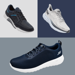 Three shoes displayed diagonally, each with distinct designs and colors; background contrasts emphasize their features.
