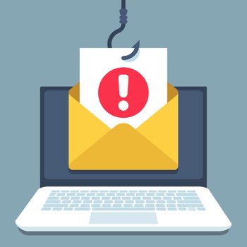 A yellow envelope, containing a paper with a red exclamation mark, hangs from a fish hook in front of a laptop screen.
