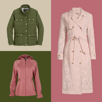 Green quilted jacket, plush pink hoodie, and lace-patterned trench coat, each displayed against contrasting colored backgrounds.