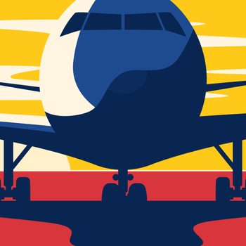 Airplane faces forward, silhouetted against bright, stylized yellow sky with clouds and red foreground.