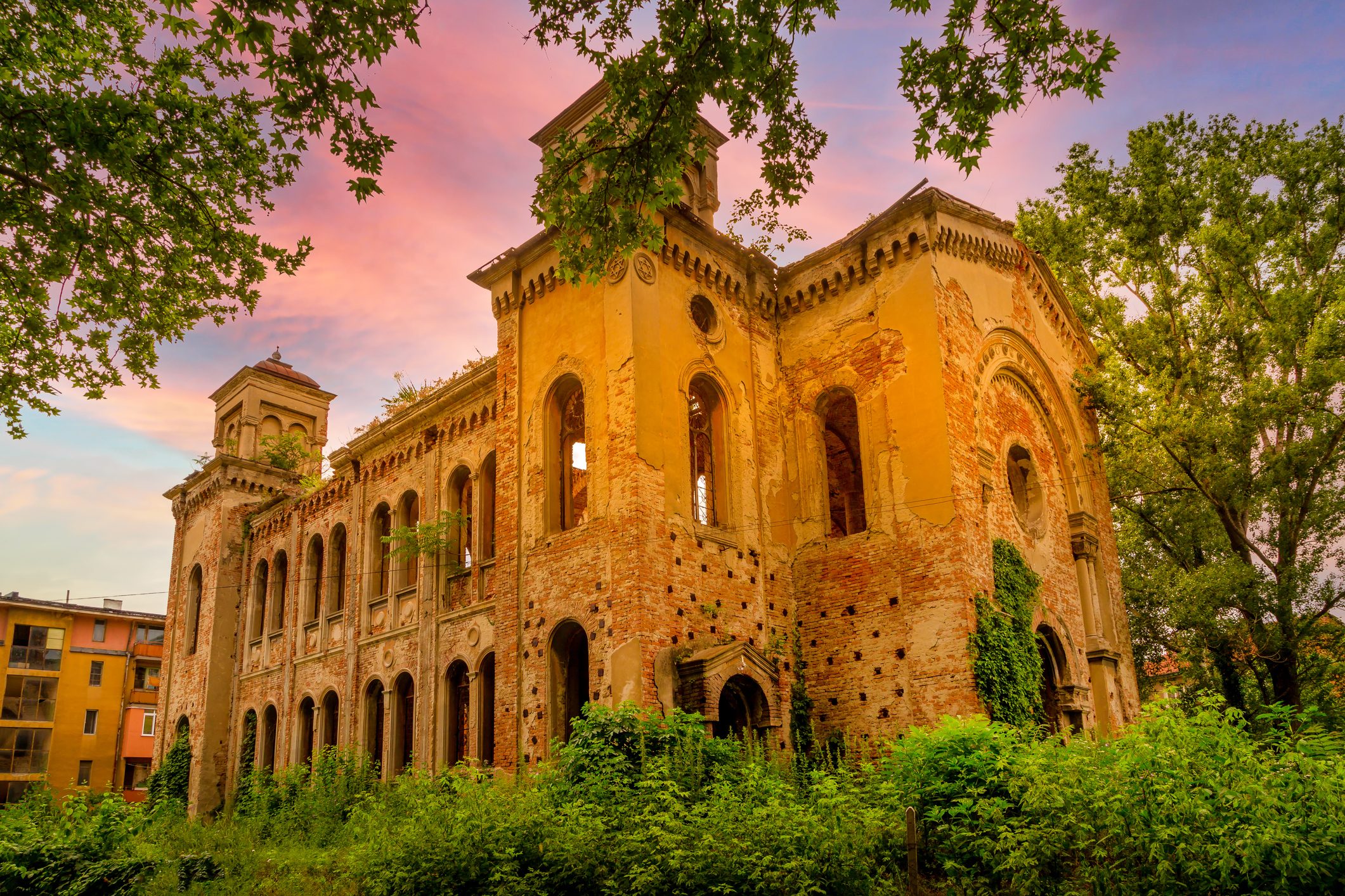 Vidin, Bulgaria ruins of Synagogue, colorful sky