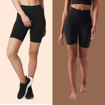 Two women wear black biker shorts; one has sneakers, other barefoot, against beige and brown backgrounds.