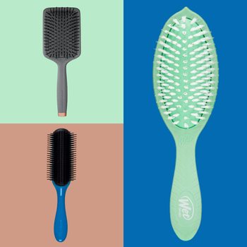 Three hairbrushes displayed against colored backgrounds, featuring different shapes and bristle designs. Text on the handles reads "HERITAGE," "Wet," and "Pro Detangler."