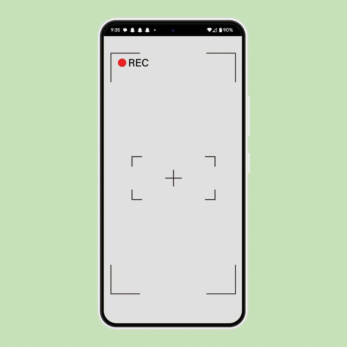 Smartphone screen displays animation simulating recording interface, with "REC" text and red dot in corner, on a green background.