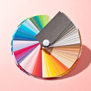 Colorful paper swatches arranged in a circular fan, resting on a light pink surface.
