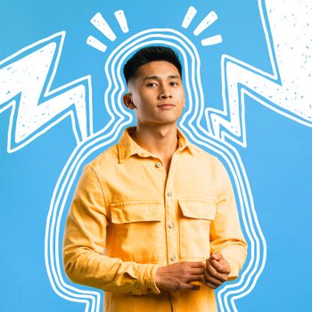 A person stands confidently, framed by dynamic lightning illustrations, against a bright blue background.