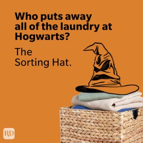 A sorting hat sits atop folded clothes in a woven basket. Text reads, 