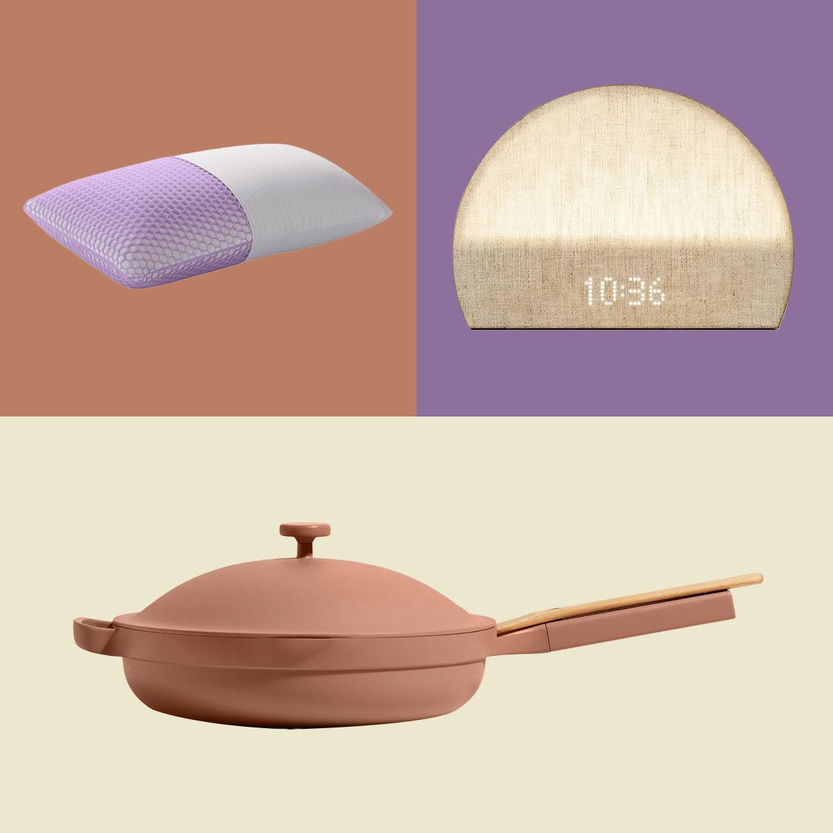 A purple-white pillow floats on caramel; beige clock shows 10:36 on purple; pink pan with lid sits on pale background.