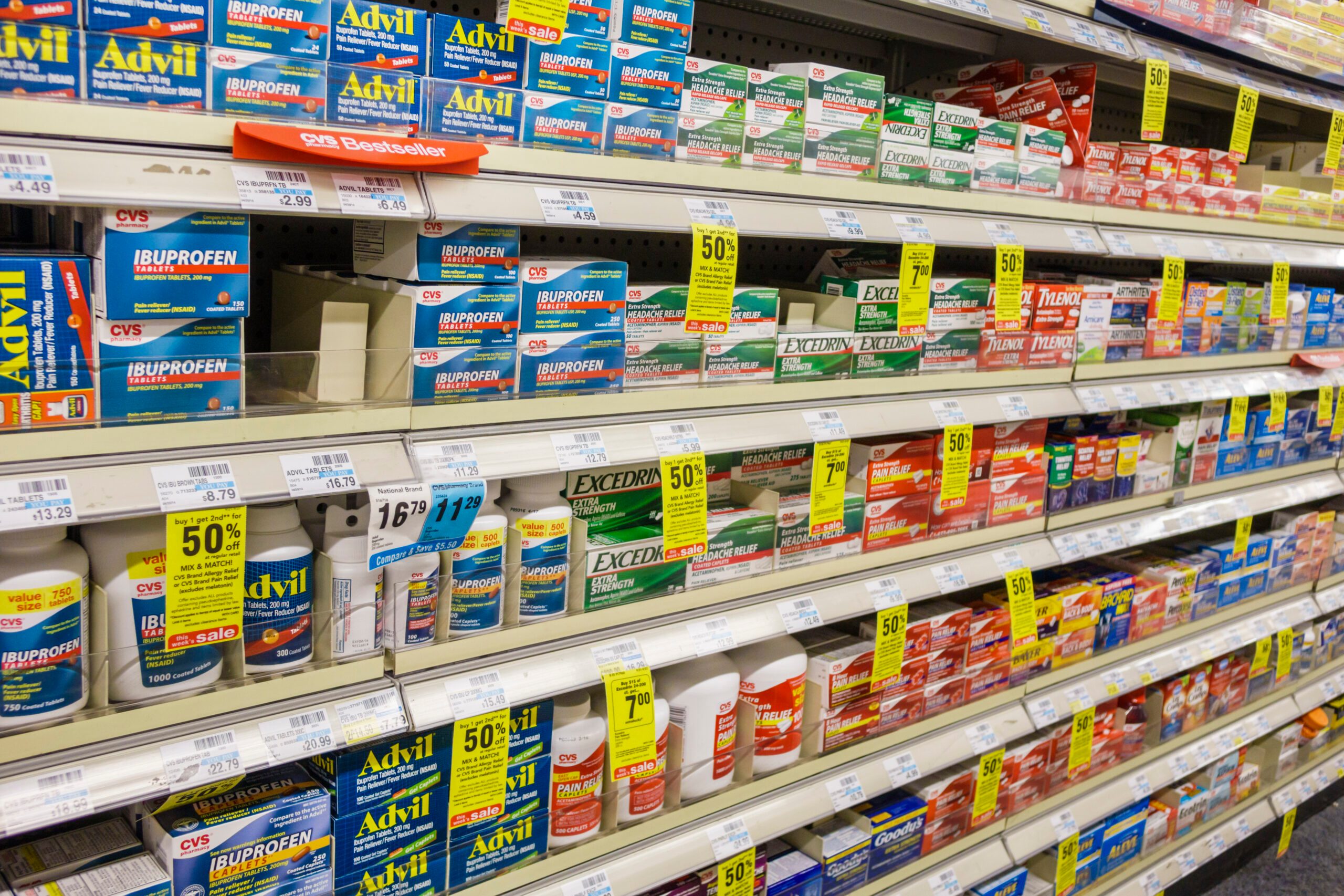 CVS Pharmacy over the counter headache pain medicine shelves