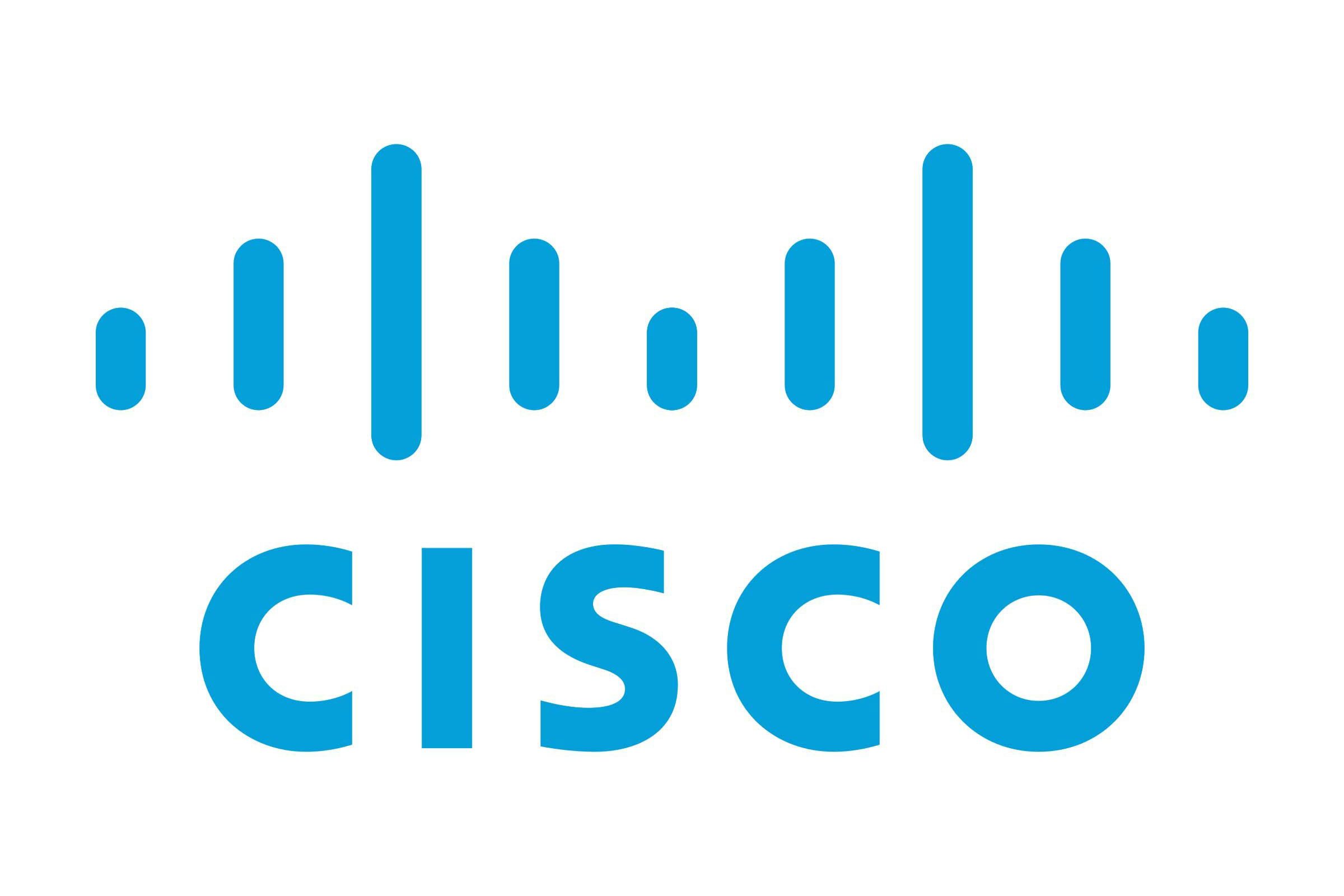 Blue vertical bars form a bridge above the text "CISCO" on a white background.