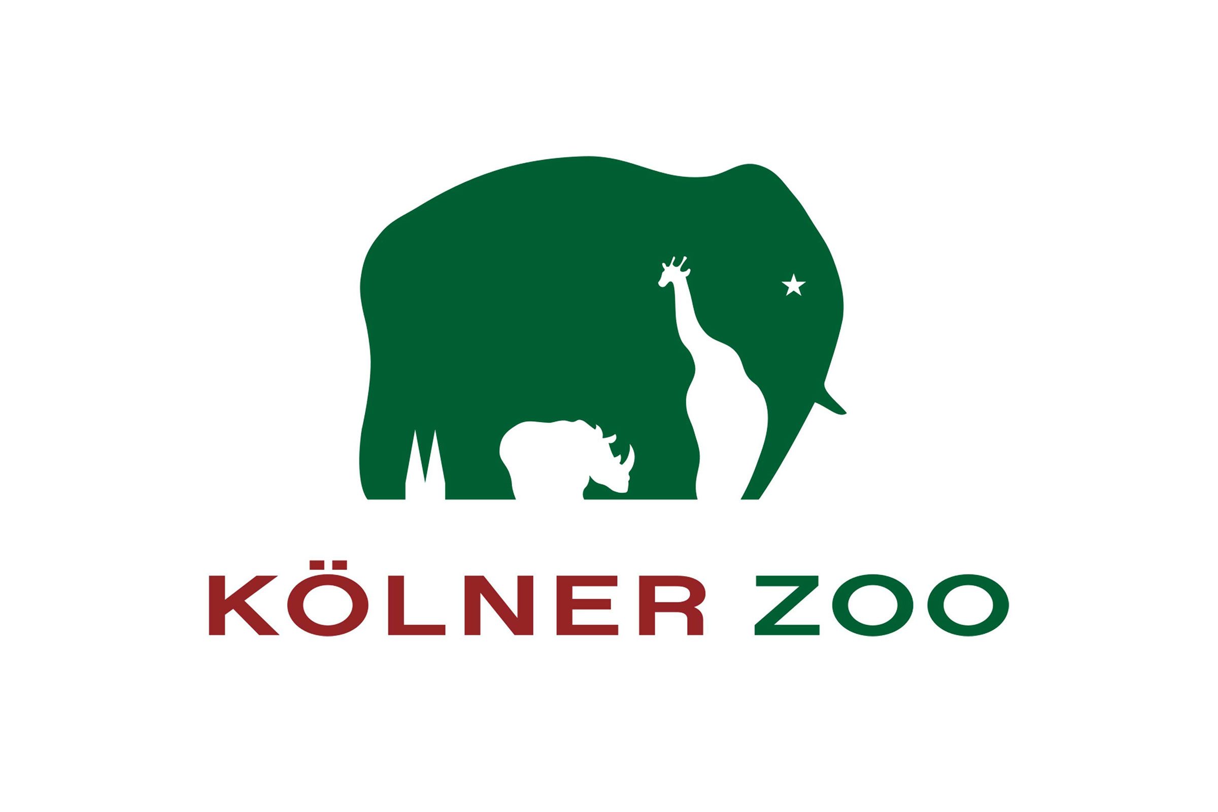 Silhouetted animals (elephant, giraffe, rhinoceros) are placed within the zoo logo. Bold text below reads "KÃ–LNER ZOO."