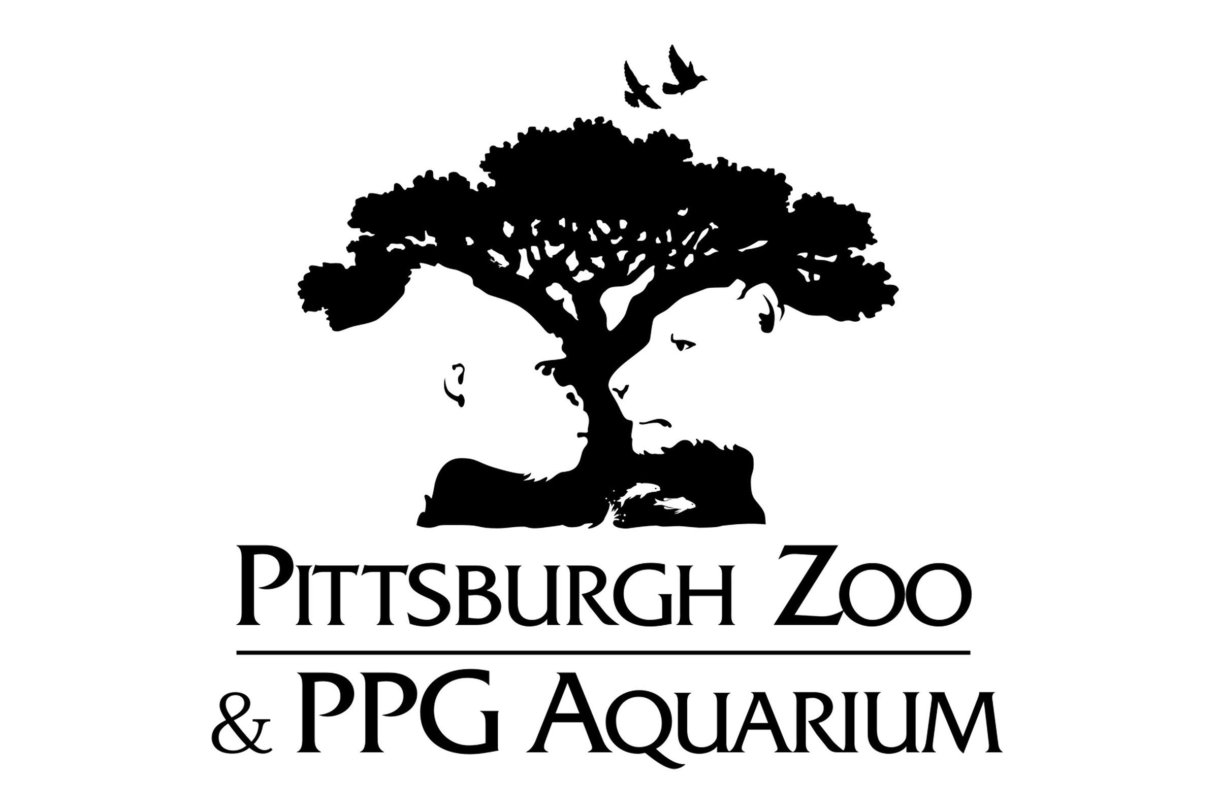 Silhouettes of a gorilla and lion facing each other, shaped by a tree; two birds flying above. Text reads: "Pittsburgh Zoo & PPG Aquarium."