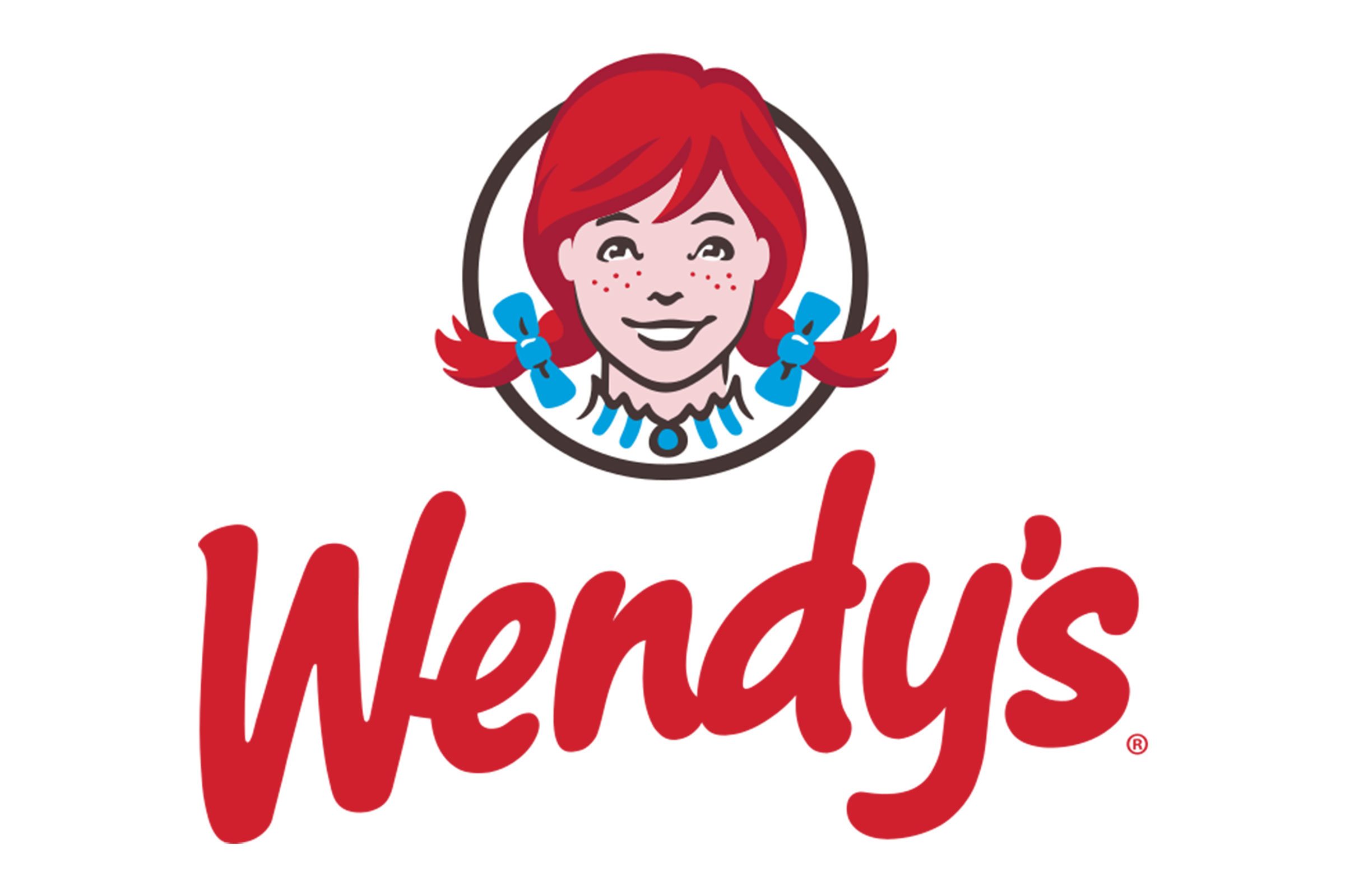 Logo depicting a cartoon girl with red pigtails smiling, encircled; "Wendy's" written below in red script, white background.