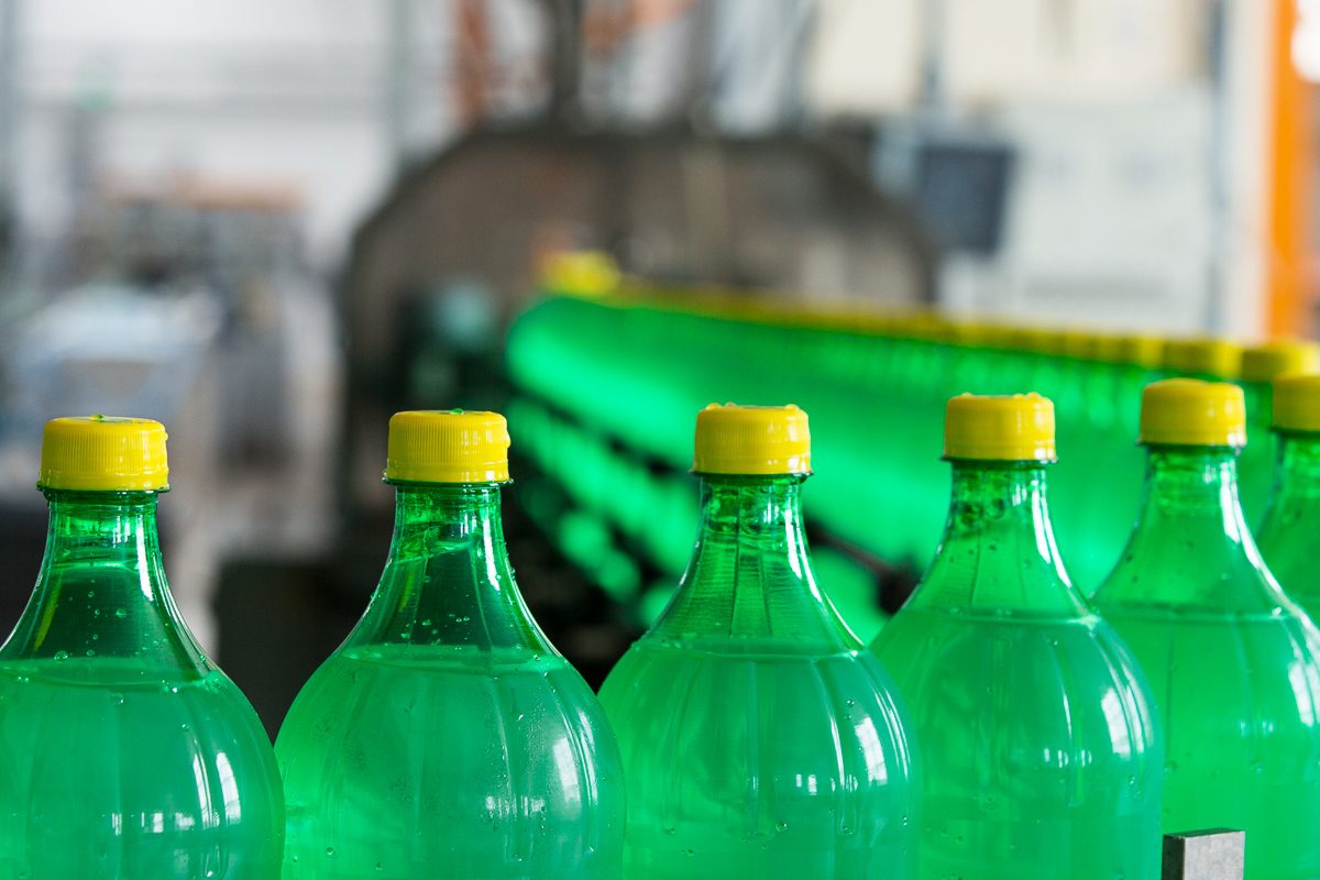 soda bottles on production line
