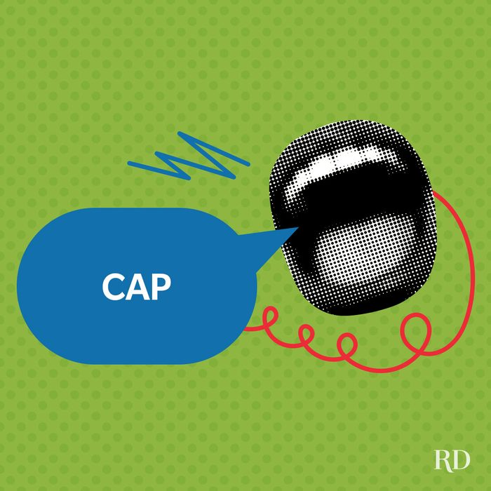 A graphic art with pop colors and elements and a speech bubble with a slang word written on it - Cap.