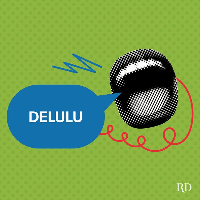 A graphic art with pop colors and elements and a speech bubble with a slang word written on it - Delulu.