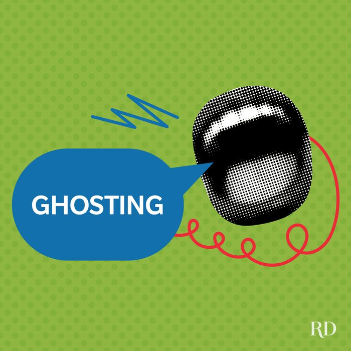 A graphic art with pop colors and elements and a speech bubble with a slang word written on it - Ghosting.