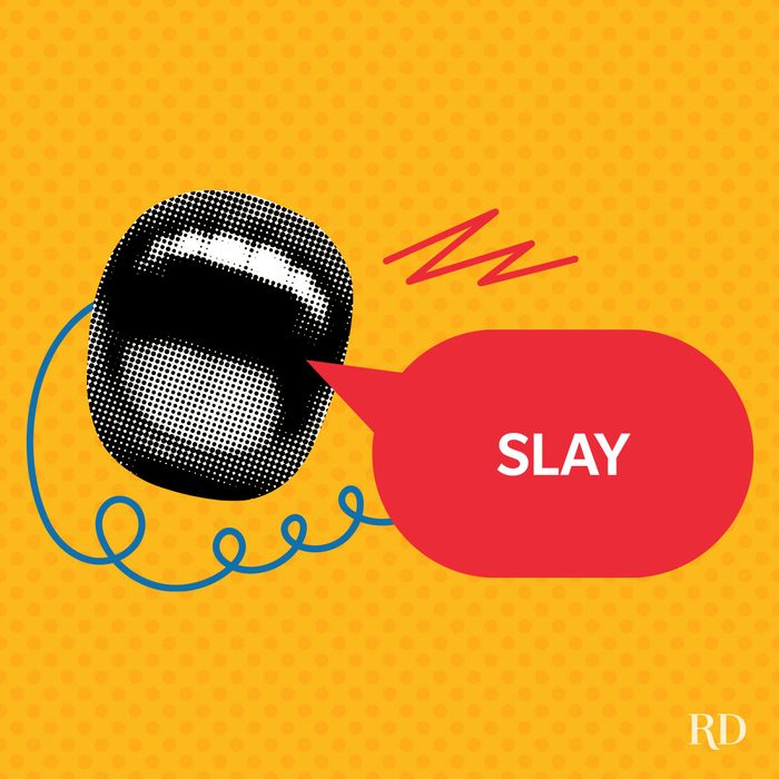 A slang word Slay on a speech bubble with pop art colors and elements.
