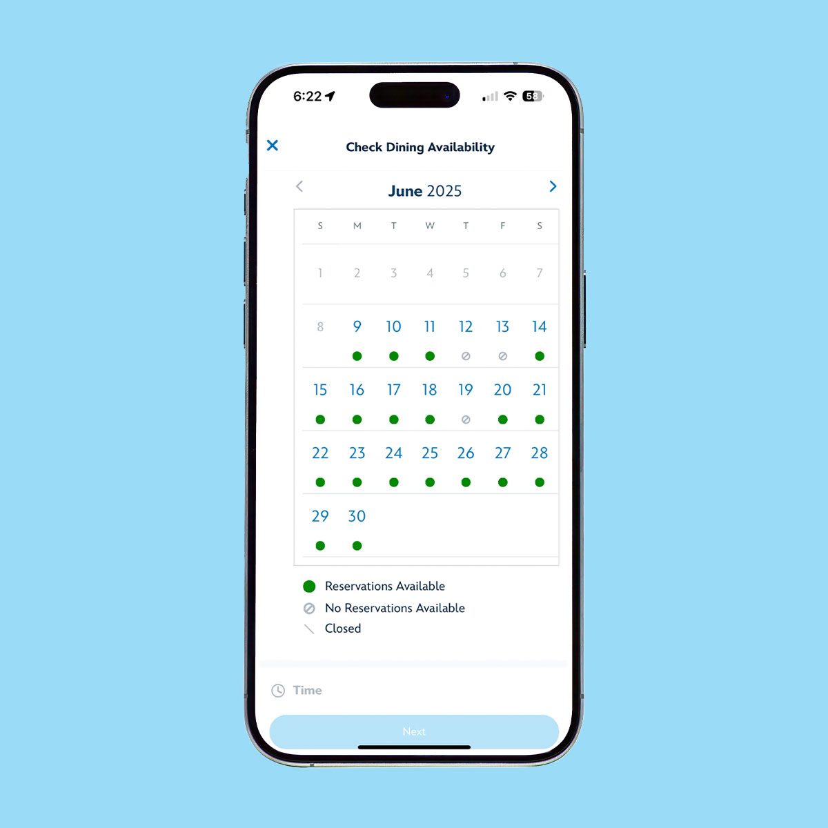 Disney Dining Plan App on an iPhone on a blue background