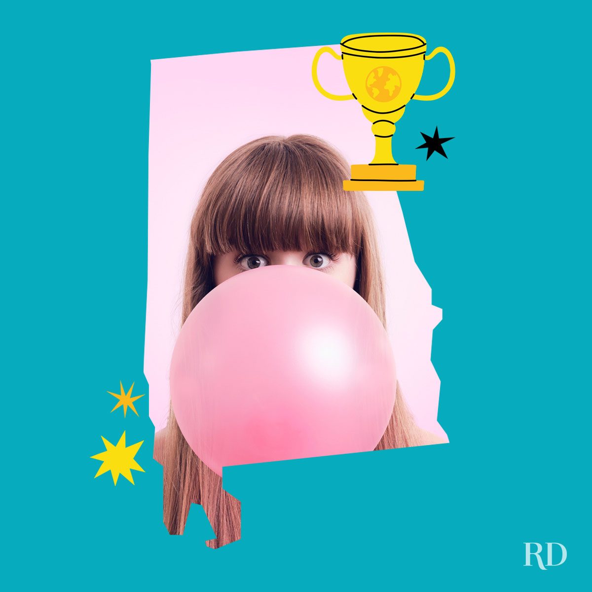 An image relating to a crazy world record of the state of Alabama-Biggest-bubble-ever-blown - clipped to the state map on a blue background with trophy and stars graphic elements around it.