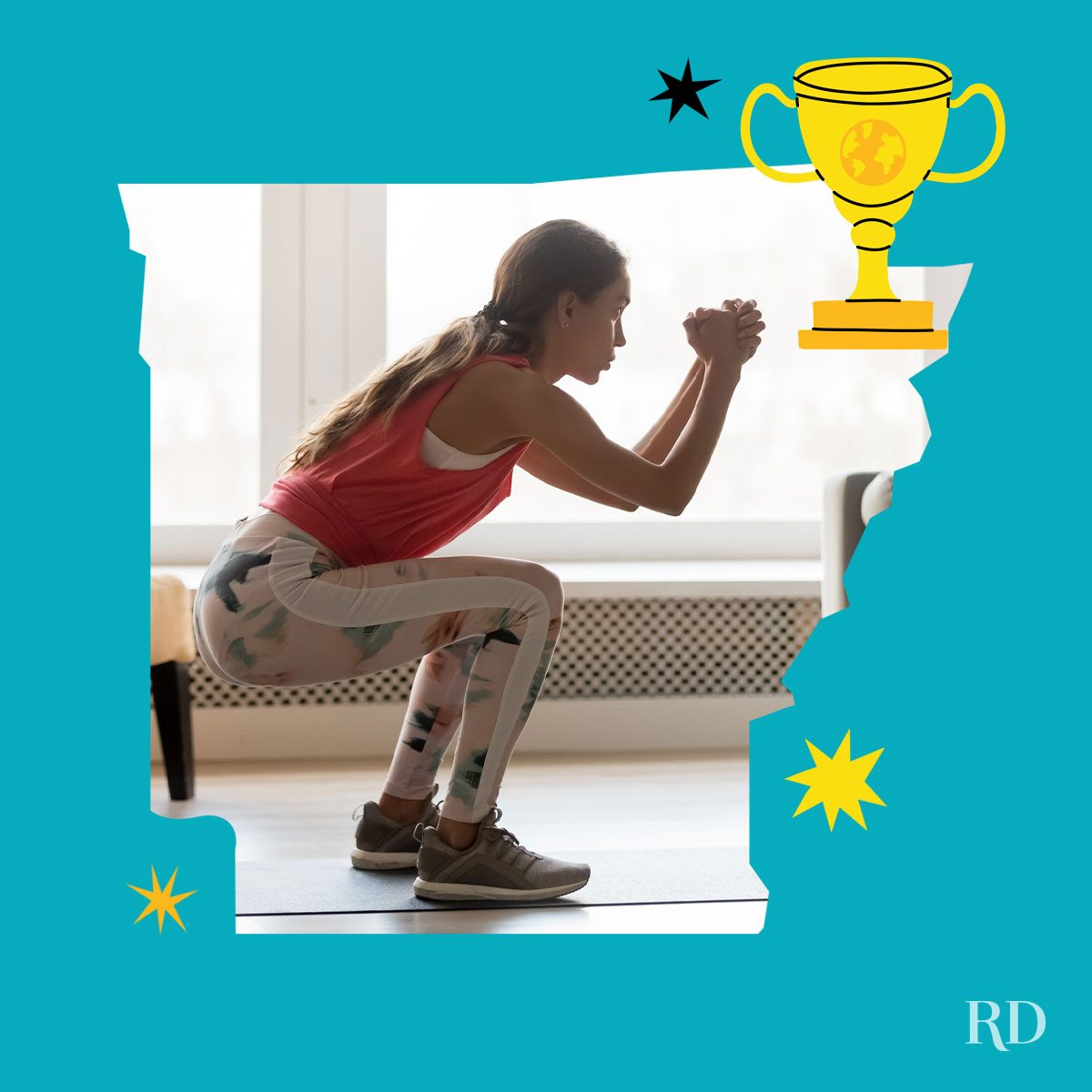 An image relating to a crazy world record of the state of Arkansas-Longest-time-to-hold-the-deep-squat-position - clipped to the state map on a blue background with trophy and stars graphic elements around it.