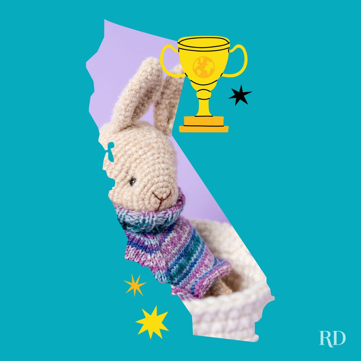 An image relating to a crazy world record of the state of California-Most-extensive-bunny-collection - clipped to the state map on a blue background with trophy and stars graphic elements around it.