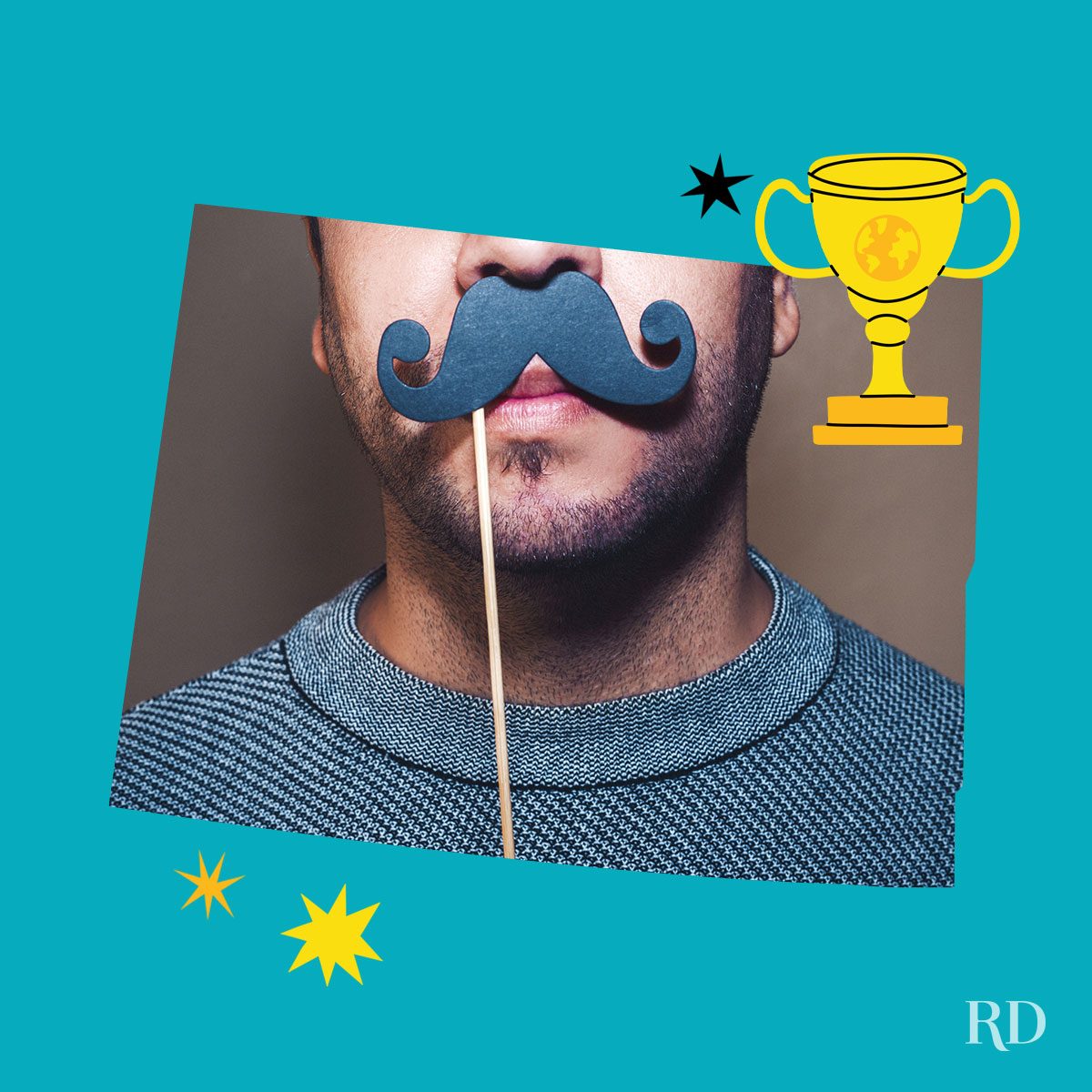 An image relating to a crazy world record of the state of Colorado-Largest-gathering-of-people-wearing-false-mustaches - clipped to the state map on a blue background with trophy and stars graphic elements around it.
