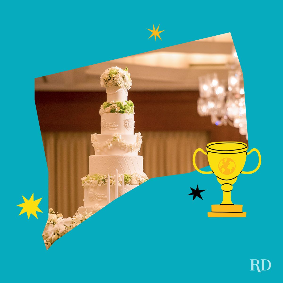 An image relating to a crazy world record of the state of Connecticut-Largest-wedding-cake-in-the-world - clipped to the state map on a blue background with trophy and stars graphic elements around it.