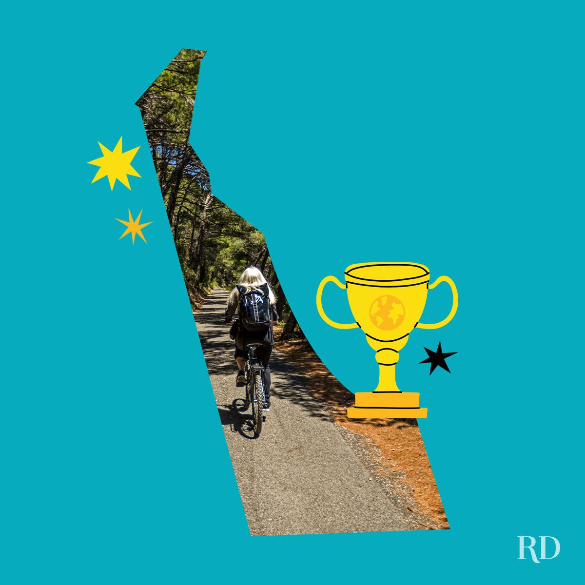 An image relating to a crazy world record of the state of Delaware-Oldest-woman-to-cross-America-by-bicycle - clipped to the state map on a blue background with trophy and stars graphic elements around it.