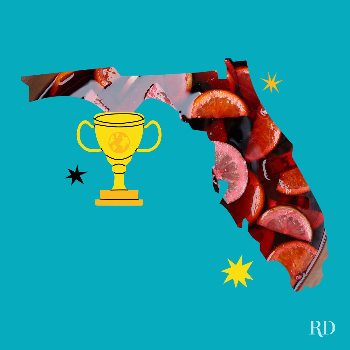An image relating to a crazy world record of the state of Florida-Largest-pitcher-of-sangria - clipped to the state map on a blue background with trophy and stars graphic elements around it.