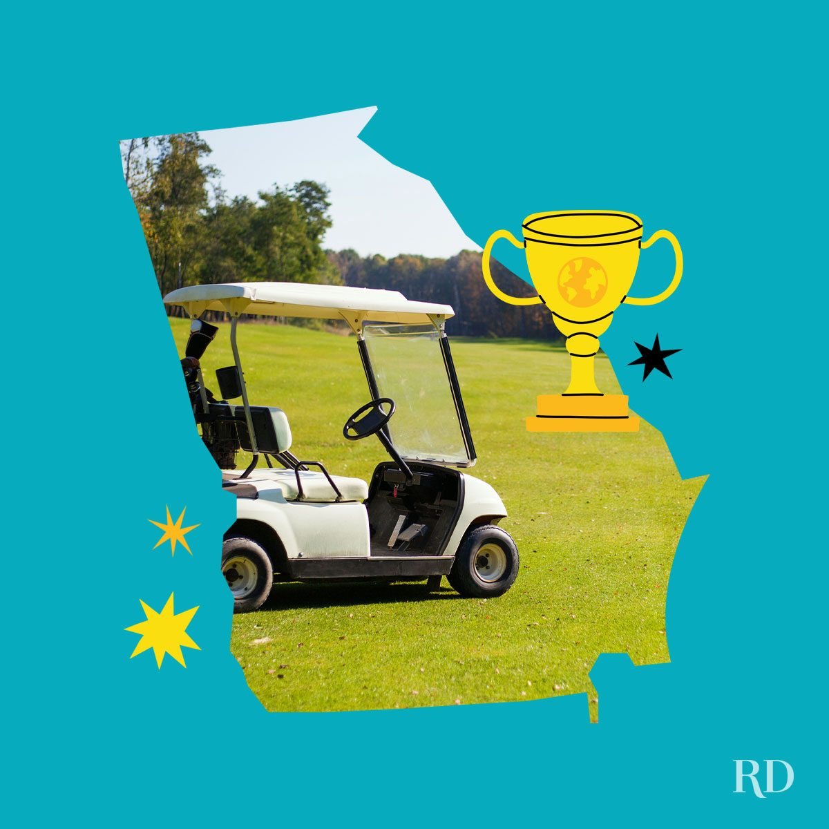 An image relating to a crazy world record of the state of Georgia-Longest-golf-cart - clipped to the state map on a blue background with trophy and stars graphic elements around it.
