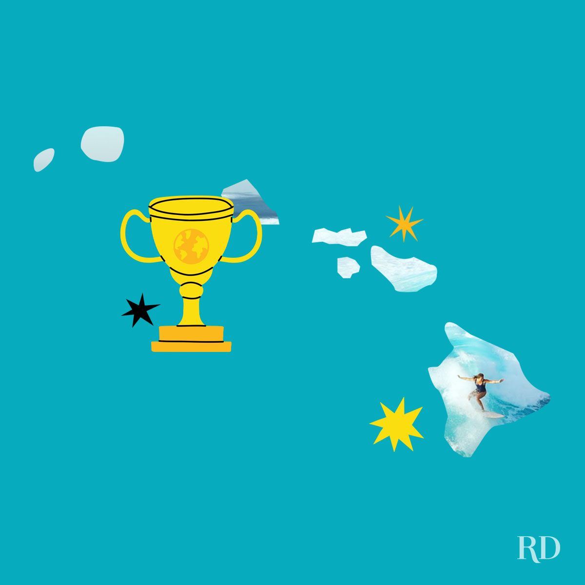An image relating to a crazy world record of the state of Hawaii-Largest-wave-surfed - clipped to the state map on a blue background with trophy and stars graphic elements around it.