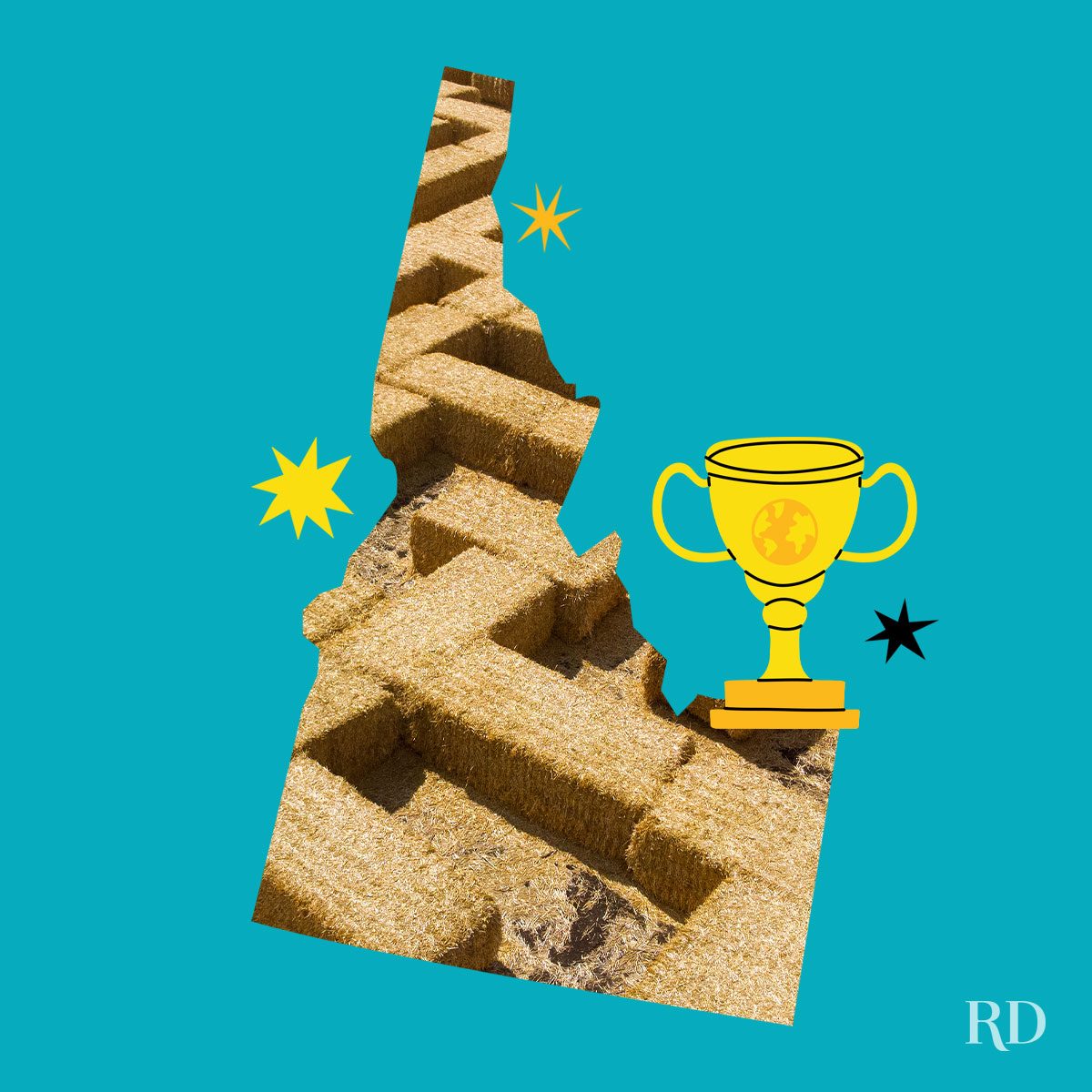 An image relating to a crazy world record of the state of Idaho-Largest-straw-bale-maze - clipped to the state map on a blue background with trophy and stars graphic elements around it.