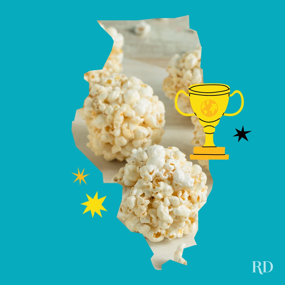 An image relating to a crazy world record of the state of Illinois-Largest-popcorn-ball - clipped to the state map on a blue background with trophy and stars graphic elements around it.