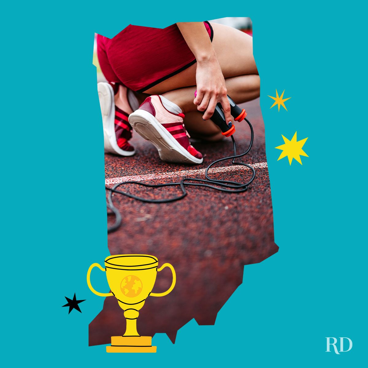 An image relating to a crazy world record of the state of Indiana-Most-rump-jumps - clipped to the state map on a blue background with trophy and stars graphic elements around it.