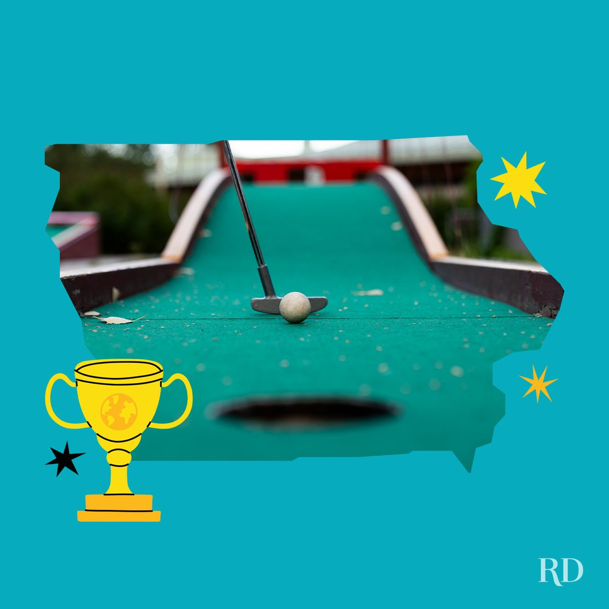 An image relating to a crazy world record of the state of Iowa-Longest-temporary-mini-golf-hole - clipped to the state map on a blue background with trophy and stars graphic elements around it.