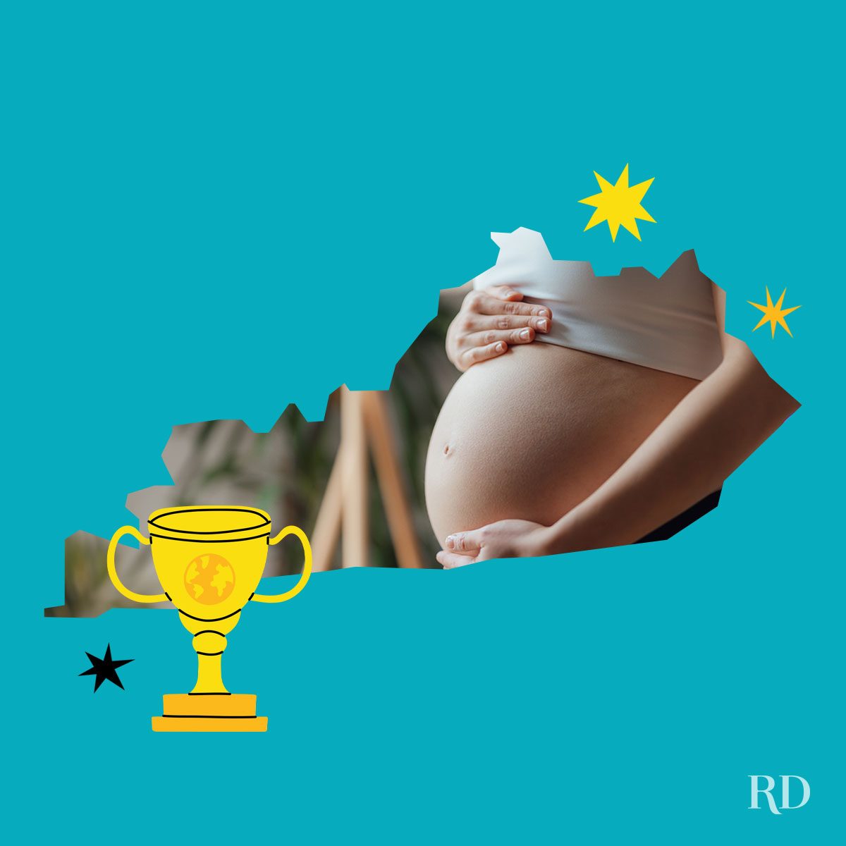 An image relating to a crazy world record of the state of Kentucky-Shortest-woman-to-give-birth - clipped to the state map on a blue background with trophy and stars graphic elements around it.