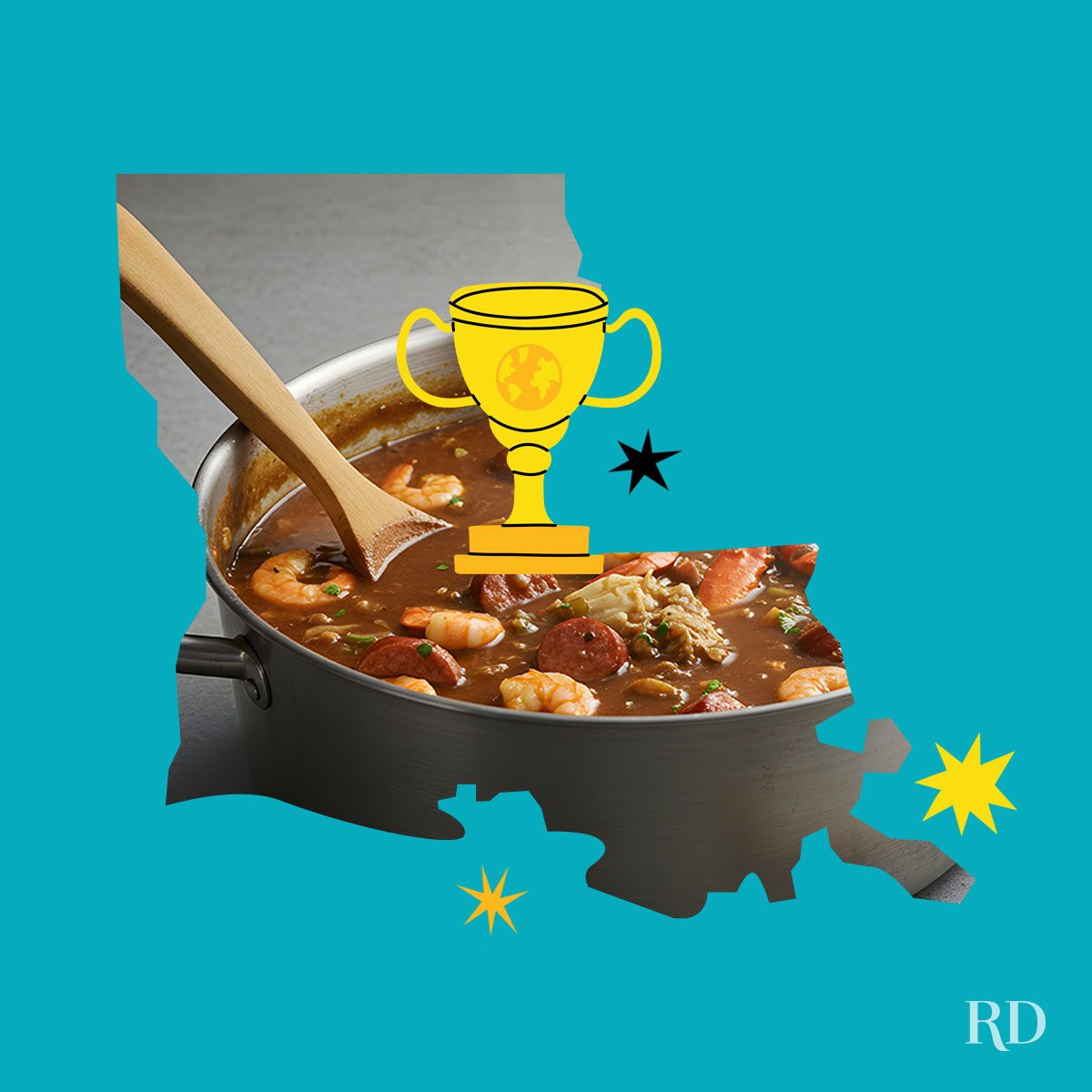 An image relating to a crazy world record of the state of Louisiana-Largest-serving-of-gumbo - clipped to the state map on a blue background with trophy and stars graphic elements around it.