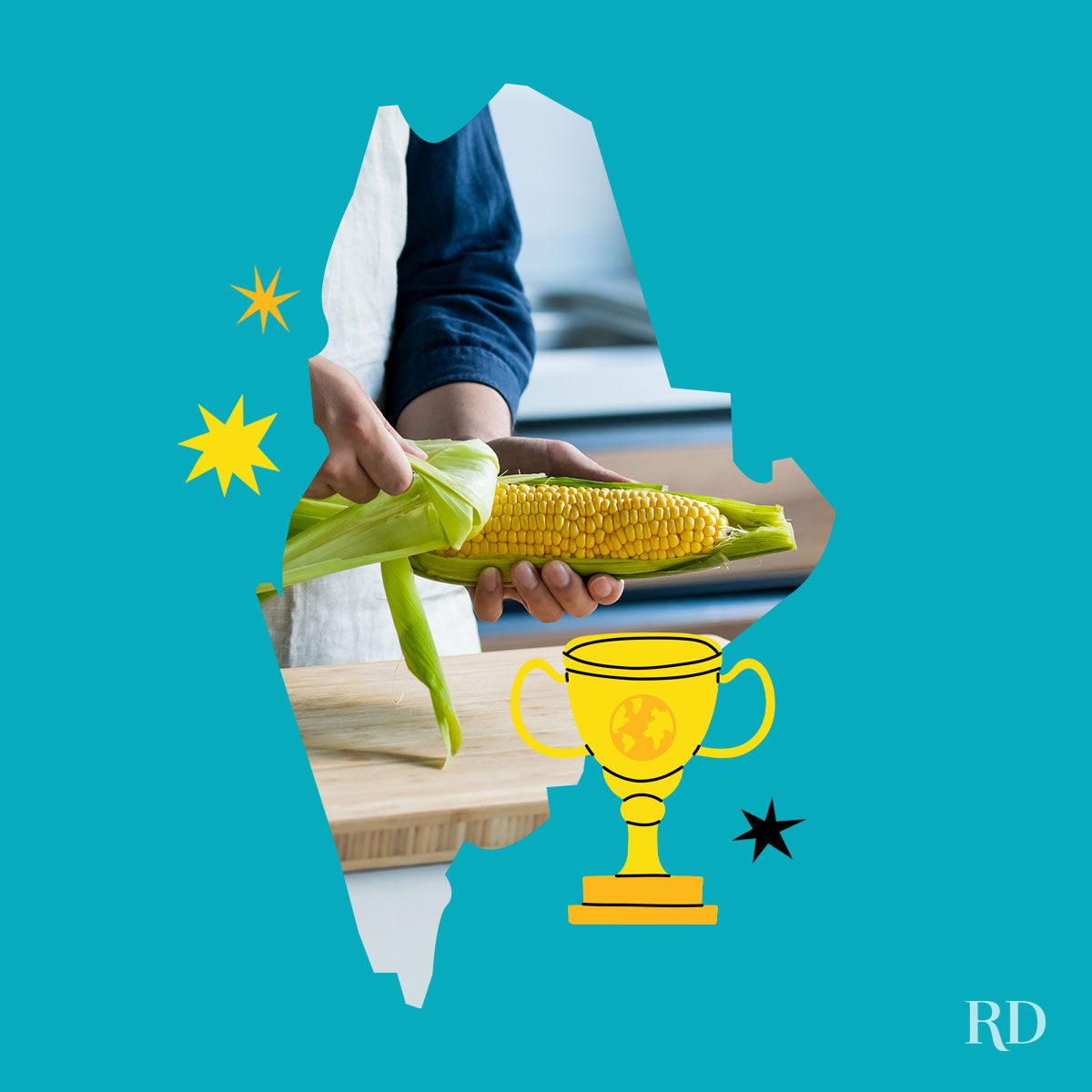 An image relating to a crazy world record of the state of Maine-Most-corn-husked-in-a-minute - clipped to the state map on a blue background with trophy and stars graphic elements around it.