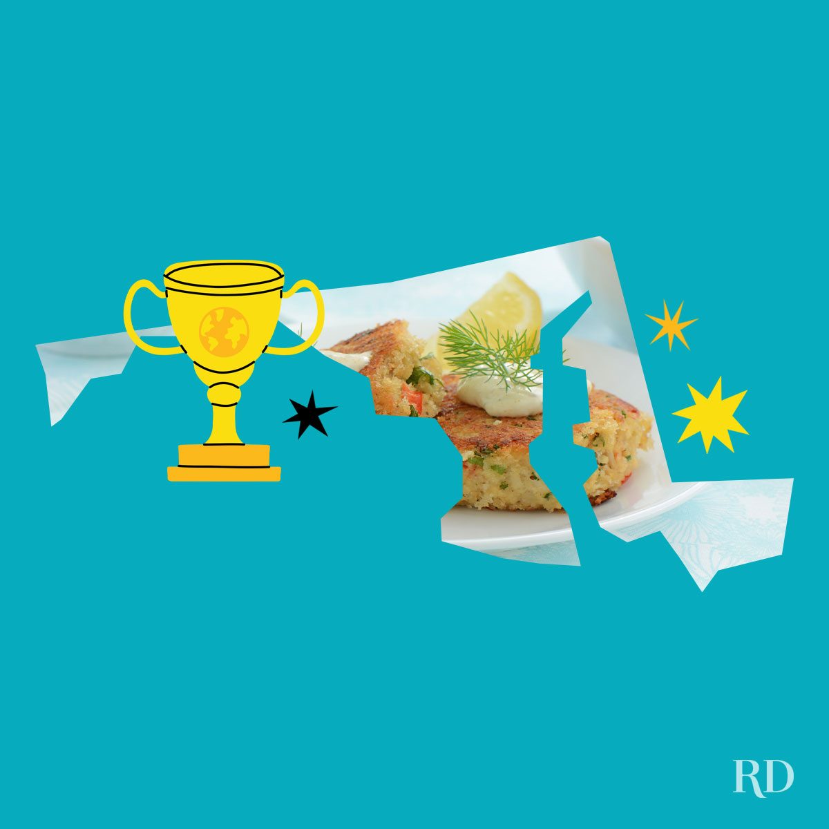An image relating to a crazy world record of the state of Maryland-Largest-crab-cake - clipped to the state map on a blue background with trophy and stars graphic elements around it.