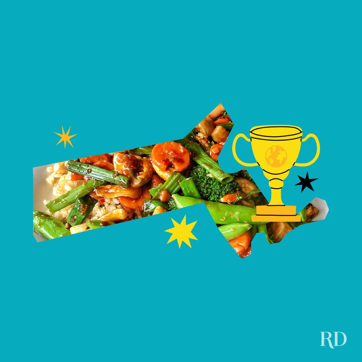 An image relating to a crazy world record of the state of Massachusetts-Largest-stir-fry - clipped to the state map on a blue background with trophy and stars graphic elements around it.