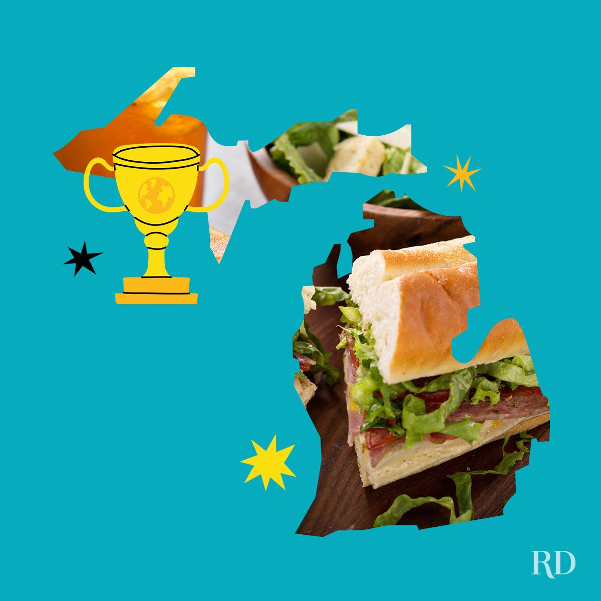 An image relating to a crazy world record of the state of Michigan-Largest-sandwich - clipped to the state map on a blue background with trophy and stars graphic elements around it.