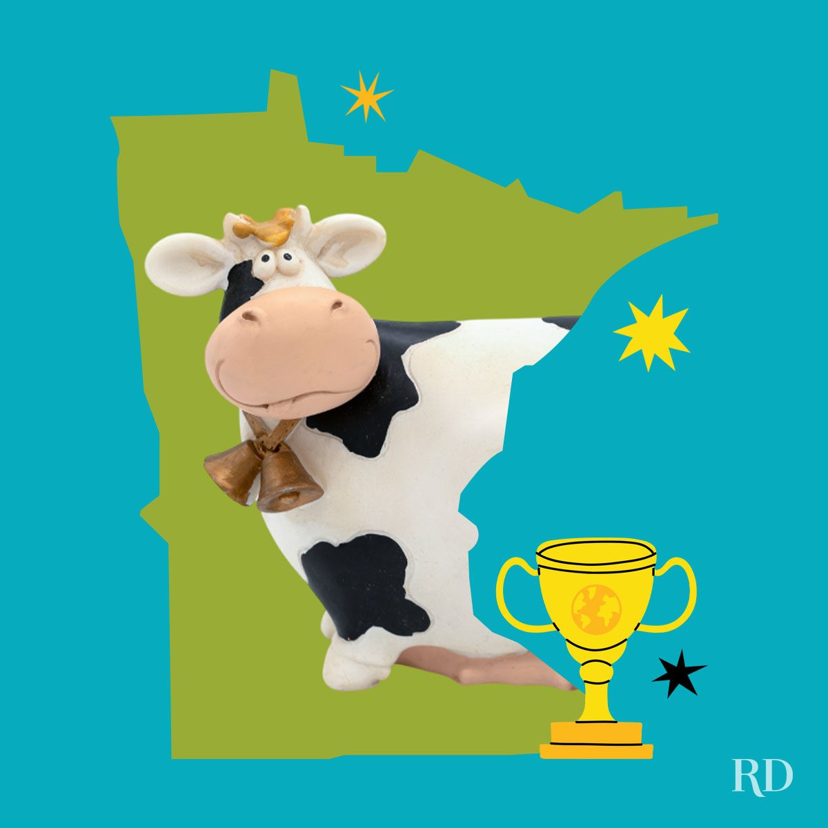An image relating to a crazy world record of the state of Minnesota-Largest-collection-of-cow-related-items - clipped to the state map on a blue background with trophy and stars graphic elements around it.